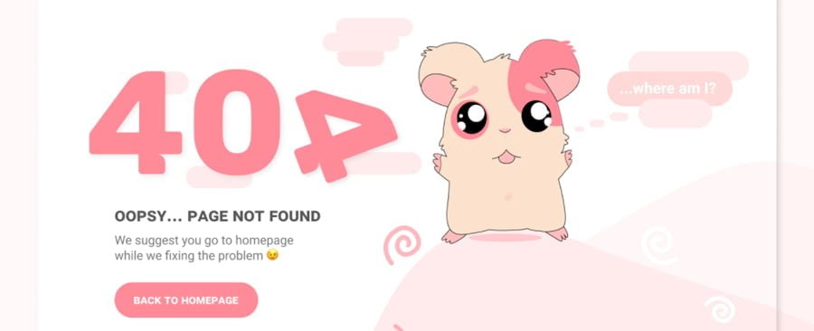 cute creative 404 page with a pink hamster