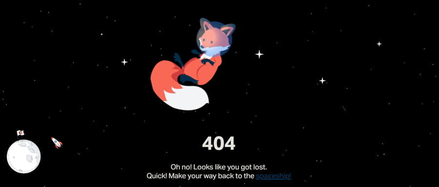 a creative 404 error page from Patreon showing a cute fox floating in space